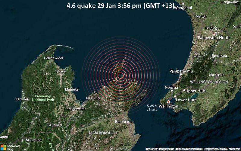 Leichtes Erdbeben der Stärke 4.6 - Tasman Sea, 84 km nordwestlich von Wellington, Neuseeland, am Samstag, 29. Jan 2022 um 15:56 Lokalzeit