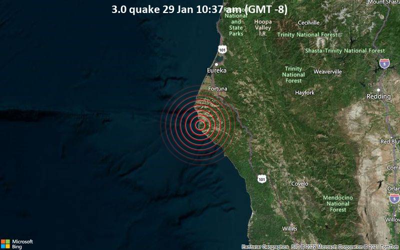 Leichtes Erdbeben der Stärke 3.0 - 39 km südwestlich von Fortuna, Humboldt County, Kalifornien, USA, am Samstag, 29. Jan 2022 um 10:37 Lokalzeit