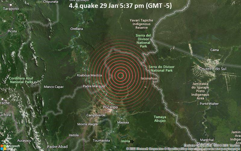 Leichtes Erdbeben der Stärke 4.4 - 72 km nördlich von Pucallpa, Provincia de Coronel Portillo, Ucayali, Peru, am Samstag, 29. Jan 2022 um 17:37 Lokalzeit