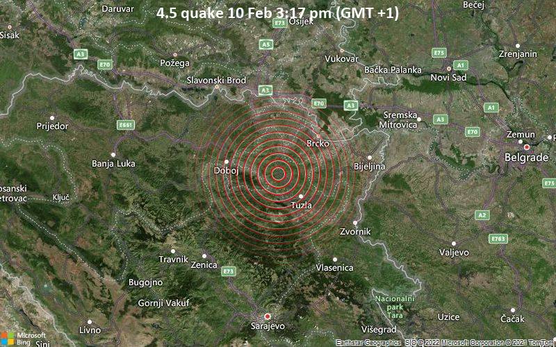 Moderates Erdbeben der Stärke 4.5 - 20 km nordwestlich von Tuzla, Föderation Bosnien und Herzegowina, am Donnerstag, 10. Feb 2022 um 15:17 Lokalzeit