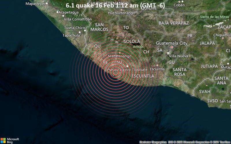Sehr starkes Beben der Stärke 6.1 - Suchitepeque, 27 km südwestlich von Pueblo Nuevo, Guatemala, am Mittwoch, 16. Feb 2022 um 01:12 Lokalzeit