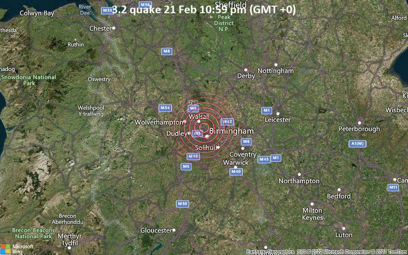 Leichtes Erdbeben der Stärke 3.2 - 5.4 km nordöstlich von West Bromwich, Vereinigtes Königreich, am Montag, 21. Feb 2022 um 22:59 Lokalzeit