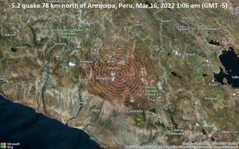 5.2 quake 78 km north of Arequipa, Peru, Mar 16, 2022 1:06 am (GMT -5)