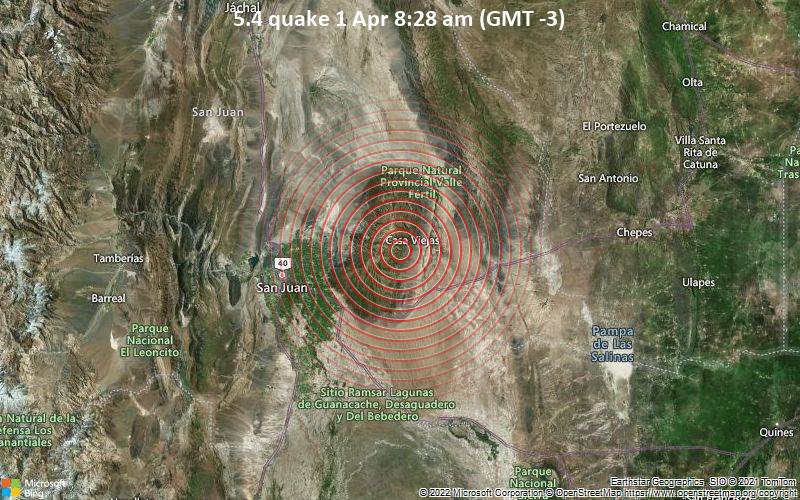 Moderates Erdbeben der Stärke 5.4 - 64 km östlich von San Juan, Departamento de Capital, San Juan, Argentinien, am Freitag,  1. Apr 2022 um 08:28 Lokalzeit