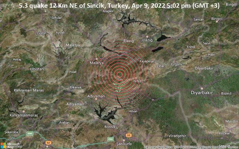 5.3 quake 12 Km NE of Sincik, Turkey, Apr 9, 2022 5:02 pm (GMT +3)