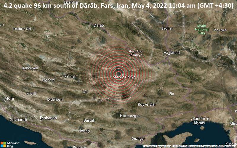 4.2 quake 96 km south of Dārāb, Fars, Iran, May 4, 2022 11:04 am (GMT +4:30)