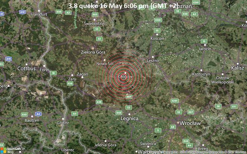 Leichtes Erdbeben der Stärke 3.8 - 5.4 km südwestlich von Głogów, Polen, am Montag, 16. Mai 2022 um 18:06 Lokalzeit