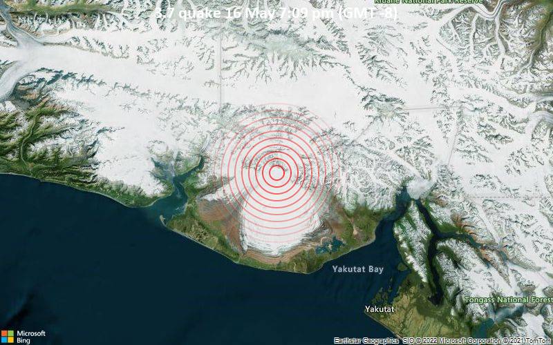 Moderates Erdbeben der Stärke 3.7 - 77 km nordwestlich von Yakutat, Alaska, USA, am Montag, 16. Mai 2022 um 19:09 Lokalzeit
