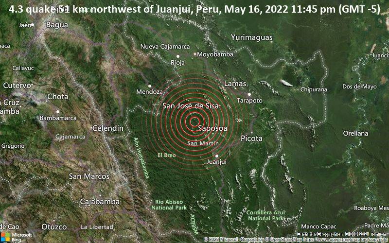 Leichtes Erdbeben der Stärke 4.3 - 51 km nordwestlich von Juanjui, Peru, am Montag, 16. Mai 2022 um 23:45 Lokalzeit