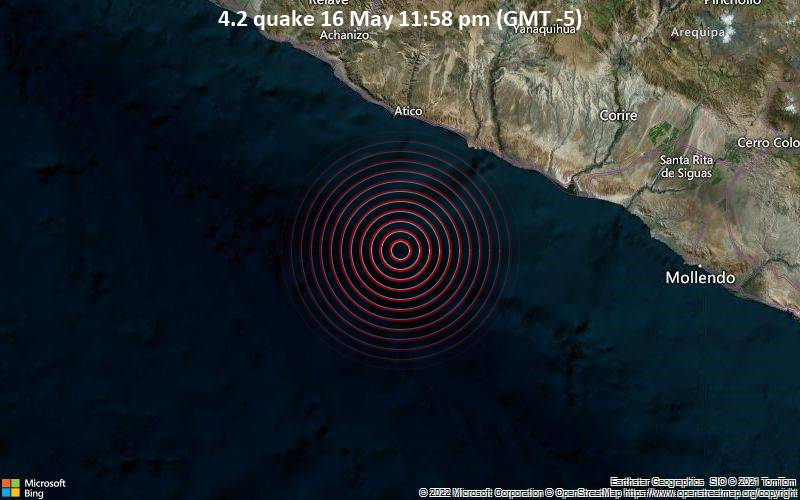 Leichtes Erdbeben der Stärke 4.2 - South Pacific Ocean, 108 km westlich von Camana, Arequipa, Peru, am Montag, 16. Mai 2022 um 23:58 Lokalzeit