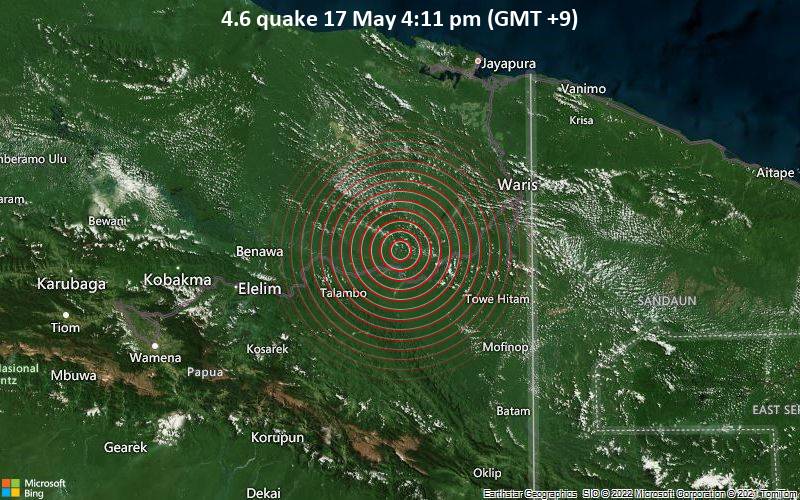 Leichtes Erdbeben der Stärke 4.6 - Papua-Neuguinea, 124 km südlich von Jayapura, Papua, Indonesien, am Dienstag, 17. Mai 2022 um 16:11 Lokalzeit