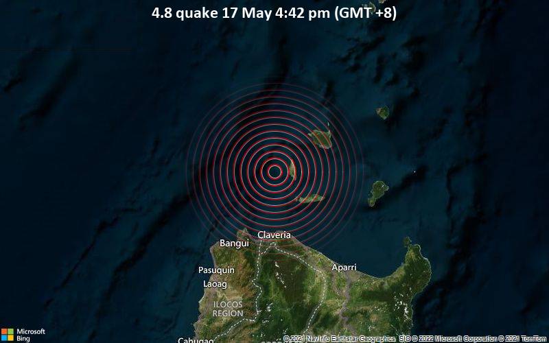 Moderates Erdbeben der Stärke 4.8 - South China Sea, 100 km nordwestlich von Aparri, Cagayan, Philippinen, am Dienstag, 17. Mai 2022 um 16:42 Lokalzeit