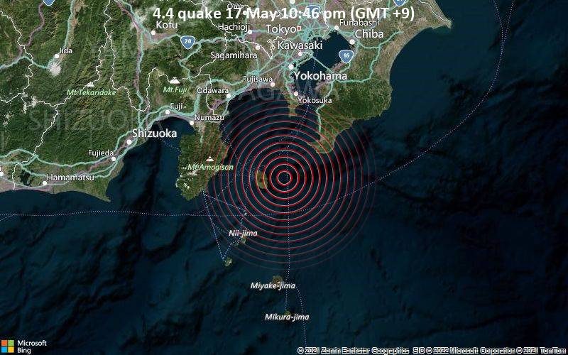 Leichtes Erdbeben der Stärke 4.4 - Nordpazifik, 37 km südwestlich von Tateyama, Chiba, Japan, am Dienstag, 17. Mai 2022 um 22:46 Lokalzeit