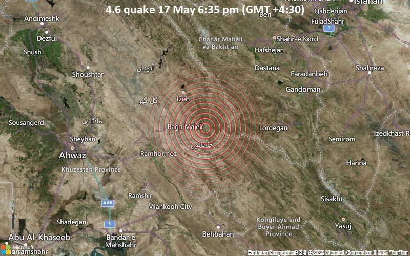 Moderates Erdbeben der Stärke 4.6 - 54 km nordöstlich von Rāmhormoz, Chuzestan, Iran, am Dienstag, 17. Mai 2022 um 18:35 Lokalzeit