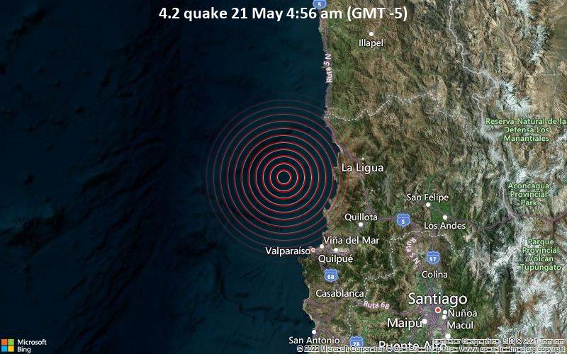 Leichtes Erdbeben der Stärke 4.2 - South Pacific Ocean, 56 km nördlich von Valparaíso, Provincia de Valparaiso, Chile, am Samstag, 21. Mai 2022 um 05:56 Lokalzeit