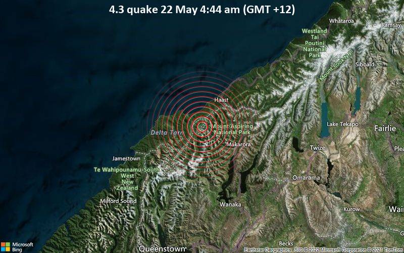 Moderates Erdbeben der Stärke 4.3 - West Coast, 72 km nördlich von Pembroke, Neuseeland, am Sonntag, 22. Mai 2022 um 04:44 Lokalzeit