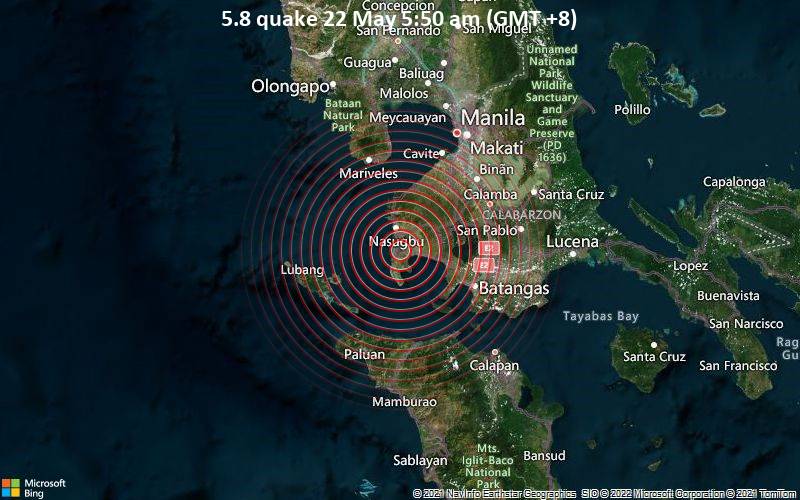 Moderates Erdbeben der Stärke 5.8 - 8.2 km westlich von Balayan, Batangas, Calabarzon, Philippinen, am Sonntag, 22. Mai 2022 um 05:50 Lokalzeit