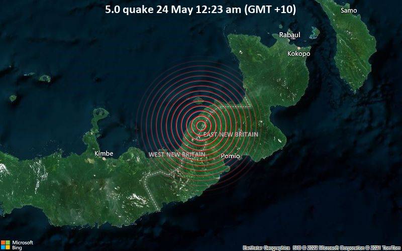 Moderates Erdbeben der Stärke 5.0 - 78 km nordöstlich von New Britain , Papua-Neuguinea, am Dienstag, 24. Mai 2022 um 00:23 Lokalzeit