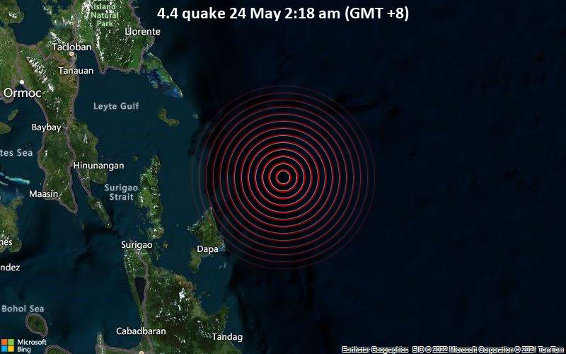 Moderates Erdbeben der Stärke 4.4 - Philippine Sea, 137 km nordöstlich von Surigao City, Philippinen, am Dienstag, 24. Mai 2022 um 02:18 Lokalzeit
