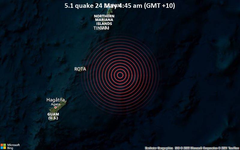 Starkes Beben der Stärke 5.1 - Nordpazifik, 131 km südlich von Saipan, Nördliche Marianen, am Dienstag, 24. Mai 2022 um 04:45 Lokalzeit