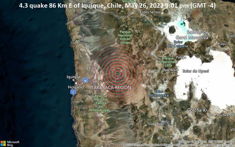 4.3 quake 86 Km E of Iquique, Chile, May 26, 2022 9:01 pm (GMT -4)