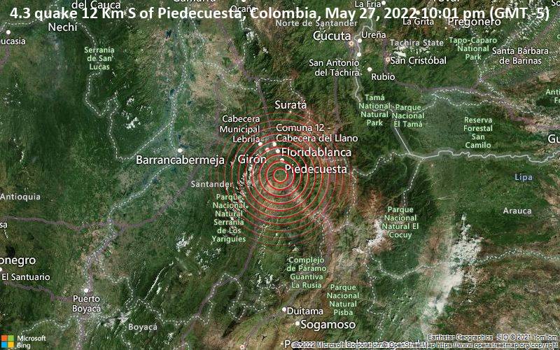 4.3 quake 12 Km S of Piedecuesta, Colombia, May 27, 2022 10:01 pm (GMT -5)