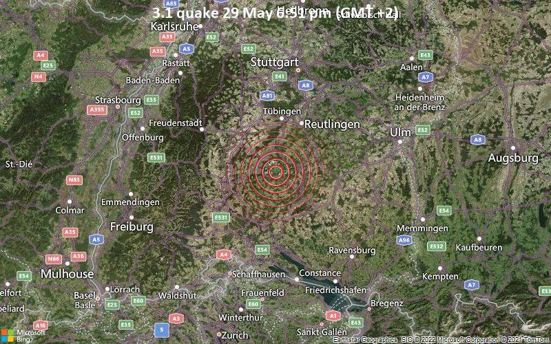 Schwaches Erdbeben Stärke 3.1 - 3.3 km nordwestlich von Albstadt, Tübingen, Baden-Württemberg, Deutschland, am Sonntag, 29. Mai 2022 um 18:51 Lokalzeit