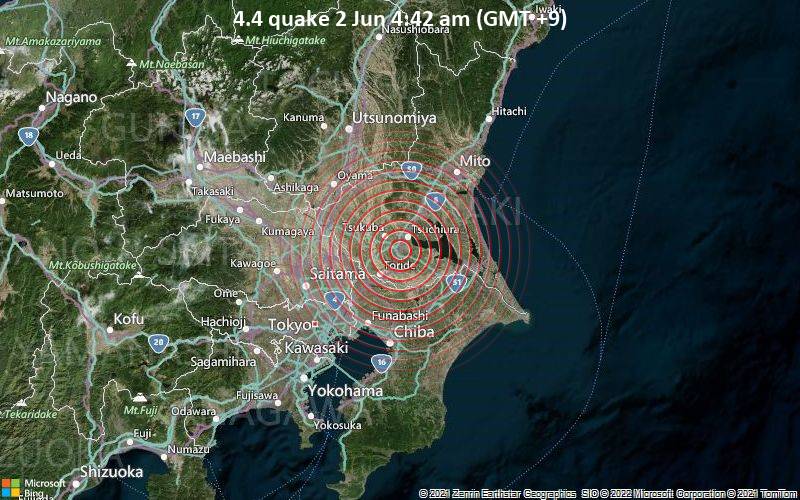 Leichtes Erdbeben der Stärke 4.4 - 6.8 km nördlich von Ushiku, Präfektur Ibaraki, Japan, am Donnerstag,  2. Jun 2022 um 04:42 Lokalzeit