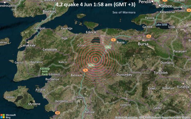 Moderates Erdbeben der Stärke 4.2 - 23 km nördlich von Balıkesir, Türkei, am Samstag,  4. Jun 2022 um 01:58 Lokalzeit