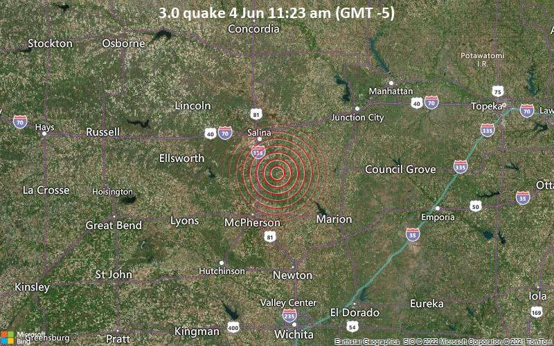 Leichtes Erdbeben der Stärke 3.0 - 26 km südöstlich von Salina, Saline County, Kansas, USA, am Samstag,  4. Jun 2022 um 11:23 Lokalzeit