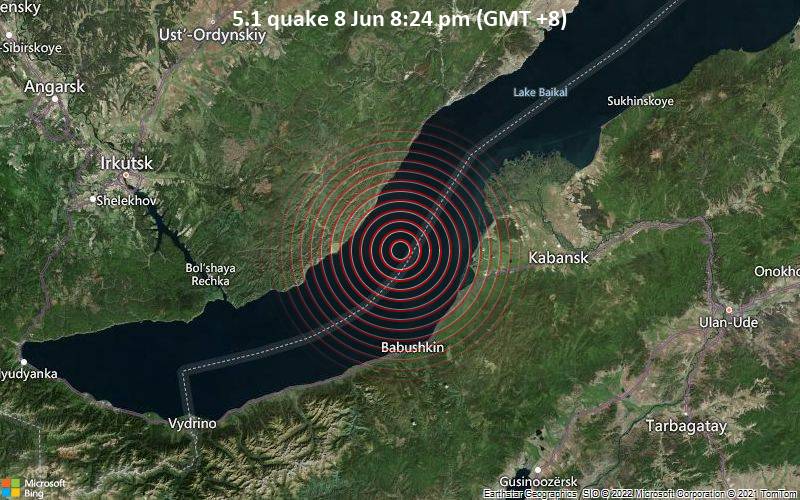 Informe sismo: Fuerte terremoto magnitud 5.2 - 97 km ESE of Irkutsk, Irkutsk  Oblast, Russia, miércoles, 8 jun 2022 20:24 (GMT +8) - 190 reportes de los  usuarios