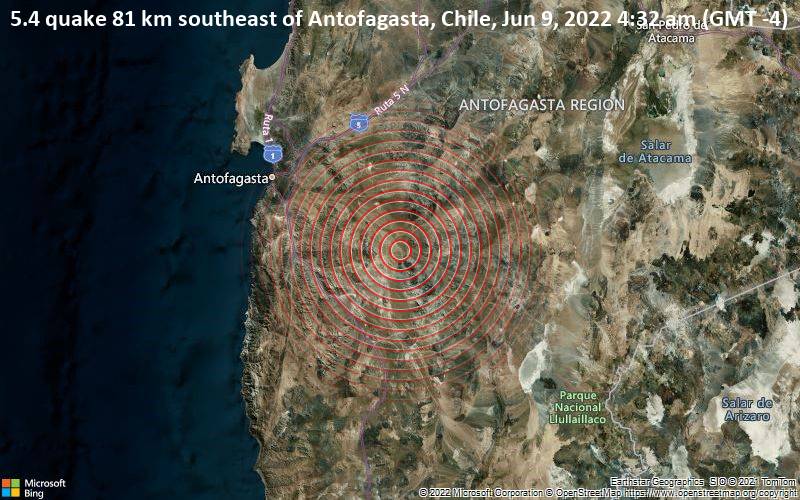 5.4 quake 81 km southeast of Antofagasta, Chile, Jun 9, 2022 4:32 am (GMT -4)