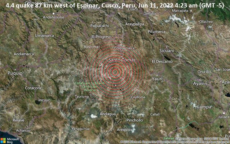 4.4 quake 87 km west of Espinar, Cusco, Peru, Jun 11, 2022 4:23 am (GMT -5)