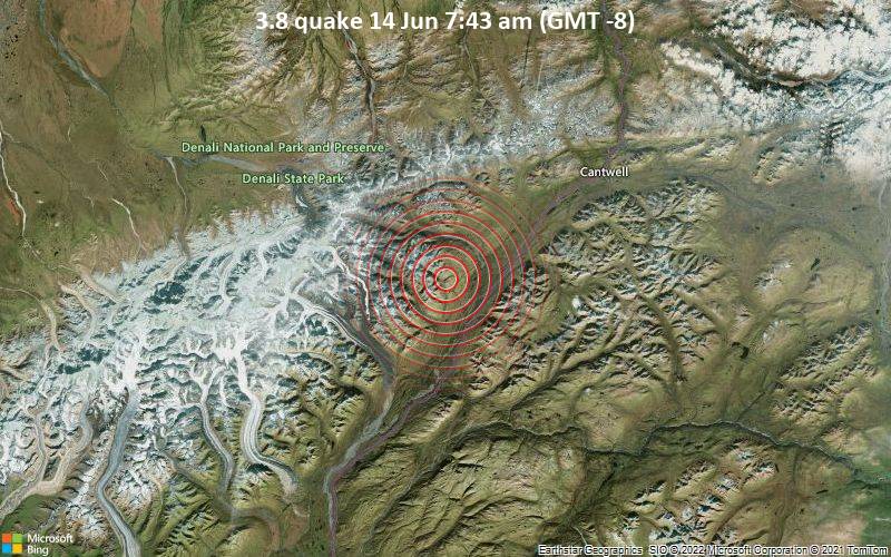 Schwaches Erdbeben Stärke 3.8 - 210 km südwestlich von Fairbanks, Alaska, USA, am Dienstag, 14. Jun 2022 um 07:43 Lokalzeit
