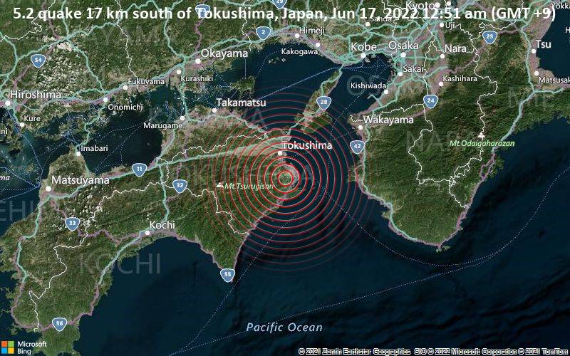 Moderates Erdbeben der Stärke 5.2 - 17 km südlich von Tokushima, Japan, am Freitag, 17. Jun 2022 um 00:51 Lokalzeit