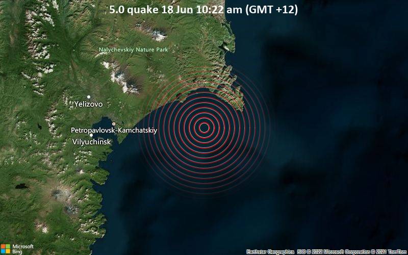 Moderates Erdbeben der Stärke 5.0 - Nordpazifik, 67 km östlich von Petropawlowsk-Kamtschatski, Kamtschatka, Russland, am Samstag, 18. Jun 2022 um 10:22 Lokalzeit