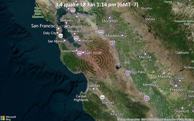 Leichtes Erdbeben der Stärke 3.4 - 9.5 km nordöstlich von Morgan Hill, Santa Clara County, Kalifornien, USA, am Samstag, 18. Jun 2022 um 13:14 Lokalzeit