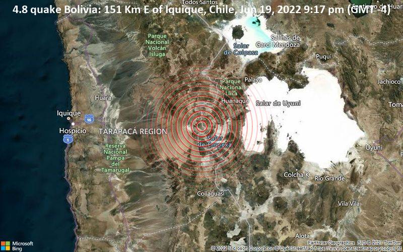 4.8 quake Bolivia: 151 Km E of Iquique, Chile, Jun 19, 2022 9:17 pm (GMT -4)