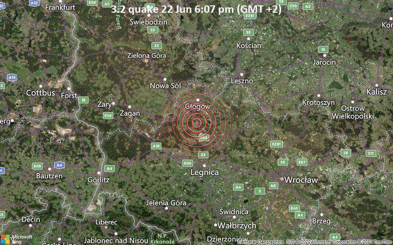 Leichtes Erdbeben der Stärke 3.2 - 0.7 km nördlich von Polkowice, Polen, am Mittwoch, 22. Jun 2022 um 18:07 Lokalzeit