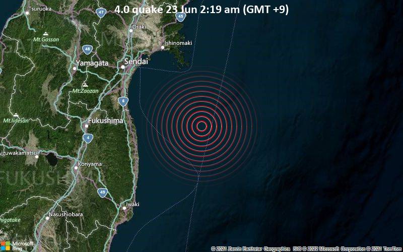 Leichtes Erdbeben der Stärke 4.0 - Nordpazifik, 94 km südöstlich von Sendai, Präfektur Miyagi, Japan, am Donnerstag, 23. Jun 2022 um 02:19 Lokalzeit