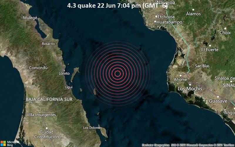 Moderates Erdbeben der Stärke 4.3 - 137 km westlich von Los Mochis, Ahome, Sinaloa, Mexiko, am Mittwoch, 22. Jun 2022 um 19:04 Lokalzeit