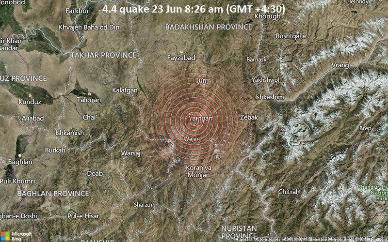Leichtes Erdbeben der Stärke 4.4 - 71 km südlich von Faizabad, Faīẕābād, Badakhshan, Afghanistan, am Donnerstag, 23. Jun 2022 um 08:26 Lokalzeit