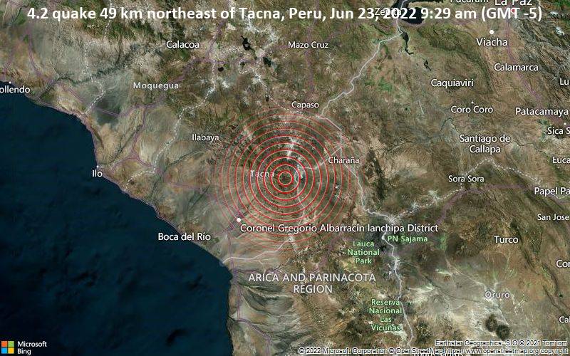 Leichtes Erdbeben der Stärke 4.2 - 49 km nordöstlich von Tacna, Peru, am Donnerstag, 23. Jun 2022 um 09:29 Lokalzeit