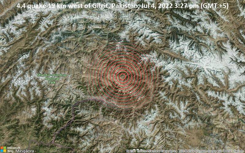 Leichtes Erdbeben der Stärke 4.4 - 19 km westlich von Gilgit, Pakistan, am Montag,  4. Jul 2022 um 15:27 Lokalzeit