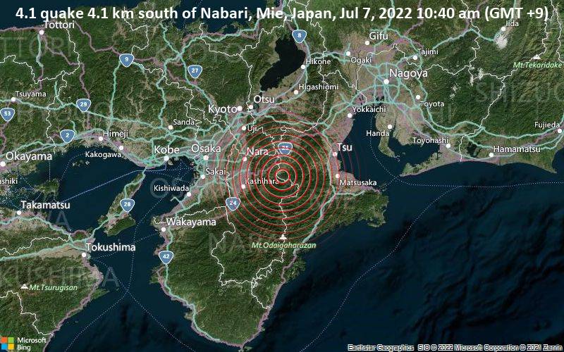 4.1 quake 4.1 km south of Nabari, Mie, Japan, Jul 7, 2022 10:40 am (GMT +9)