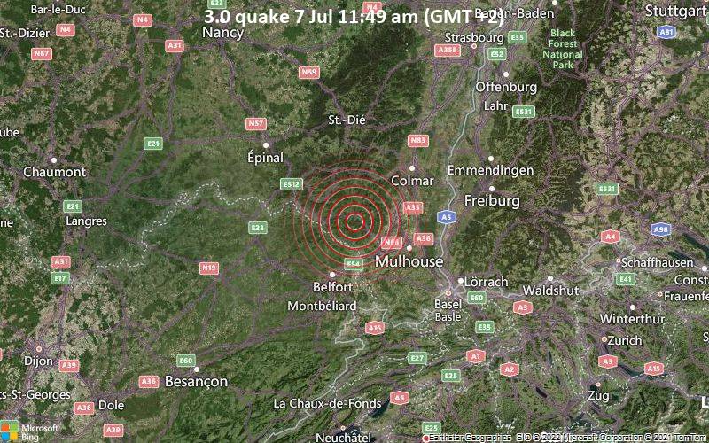 Leichtes Erdbeben der Stärke 3.0 - 27 km nordwestlich von Mülhausen, Haut-Rhin, Grand Est, Frankreich, am Donnerstag,  7. Jul 2022 um 11:49 Lokalzeit