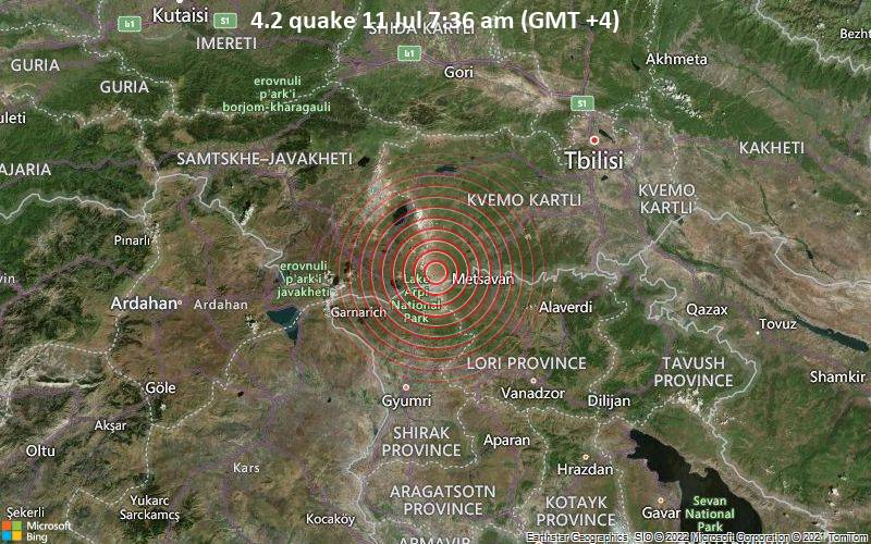 Moderates Erdbeben der Stärke 4.2 - Niederkartlien, 87 km südwestlich von Tiflis, tbilisi, Georgien, am Montag, 11. Jul 2022 um 07:36 Lokalzeit