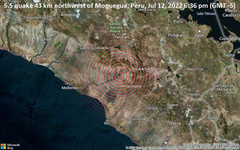 5.5 quake 43 km northwest of Moquegua, Peru, Jul 12, 2022 6:36 pm (GMT -5)