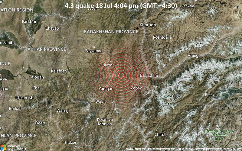 Leichtes Erdbeben der Stärke 4.3 - 63 km südöstlich von Faizabad, Faīẕābād, Badakhshan, Afghanistan, am Montag, 18. Jul 2022 um 16:04 Lokalzeit