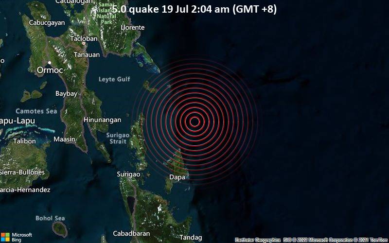 Moderates Erdbeben der Stärke 5.0 - Philippine Sea, 45 km nordöstlich von Santa Monica, Philippinen, am Dienstag, 19. Jul 2022 um 02:04 Lokalzeit